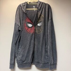 Disney Marvel Spider-Man Hoodie Mens XL Gray Excellent Acid Wash Zip Up Graphic